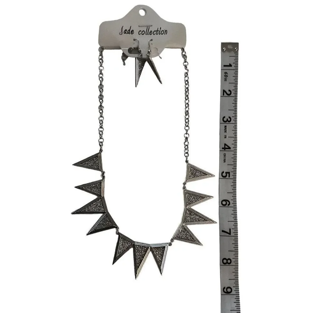 Jade Collection Necklace Earring Set Silver Toned Crushed Rhinestone Triangles